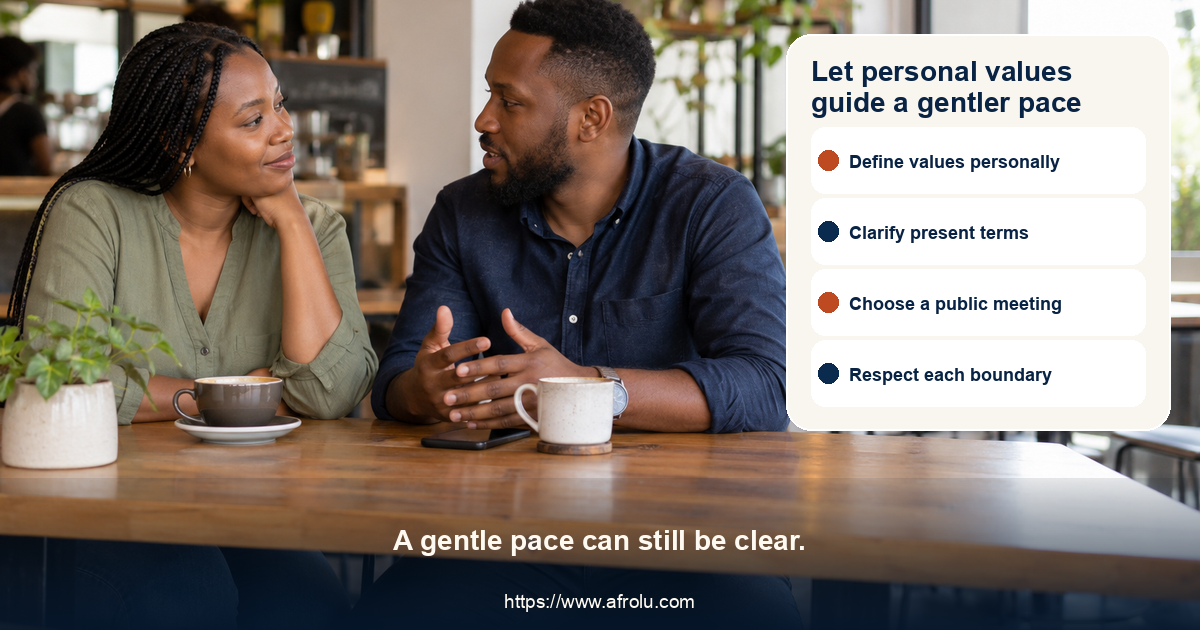Two adult Black African daters discuss personal values at a generic Nairobi cafe