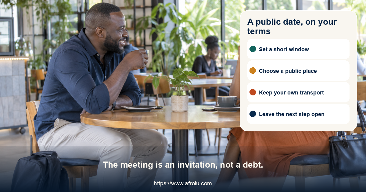 Two adults meet for a short daytime conversation in a public cafe