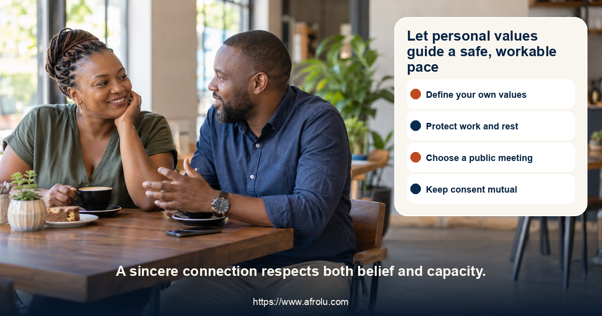 Two adult Black African daters discuss a public date plan after work