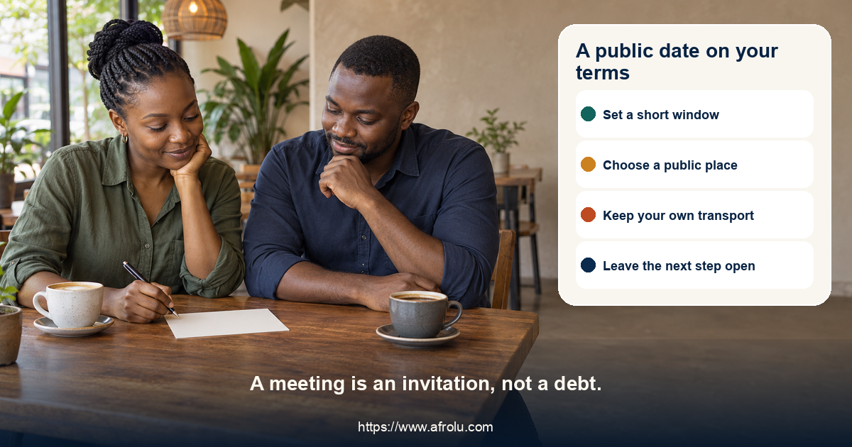 Two adults meet for a short daytime cafe conversation