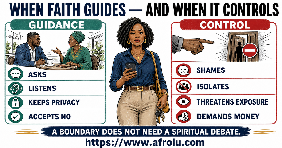 A clearly adult woman keeps her phone and keys while a two-column visual contrasts faith guidance that asks, listens and accepts no with control that shames, isolates and demands money.