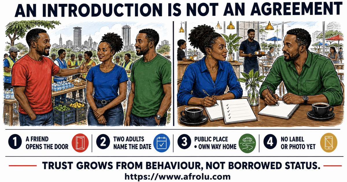 Two illustrated Nairobi scenes show Lydia and Samuel, adults aged 32 and 35, moving from a community introduction to their own public first-date agreement.