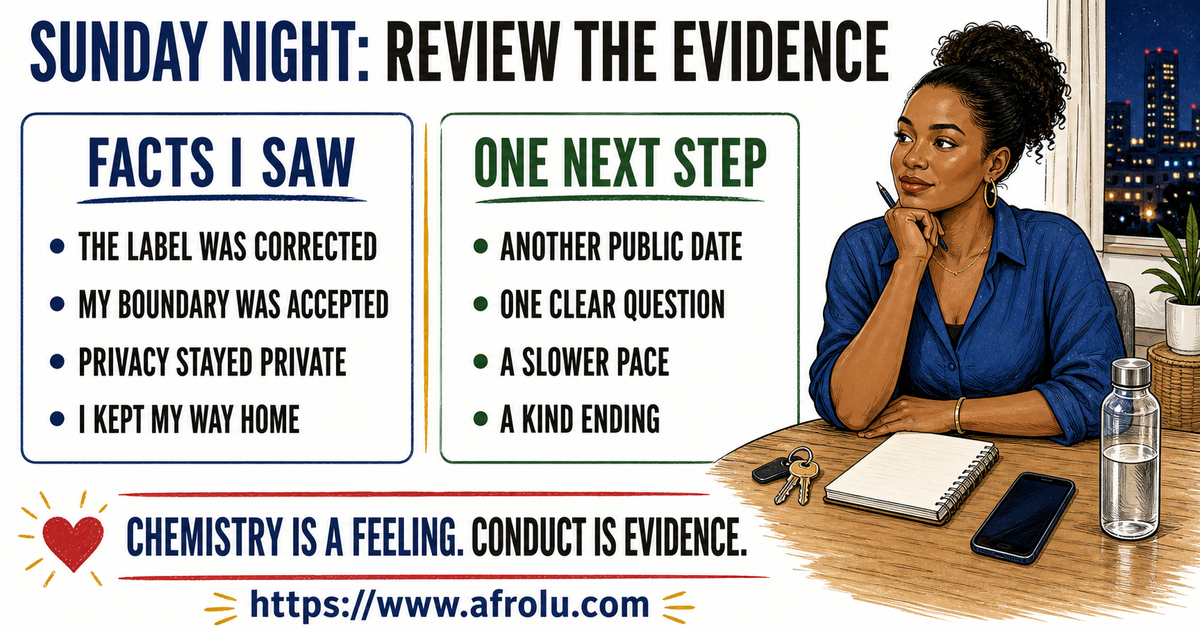 Lydia, an adult aged 32, reviews observable facts from a faith-led weekend date at home before choosing another public date, one question, a slower pace or a kind ending.