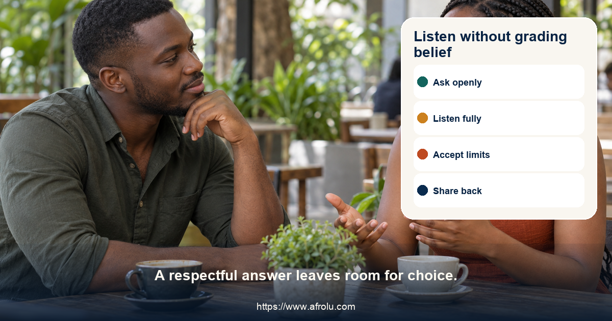Two adult daters listen carefully while discussing a personal boundary at a cafe