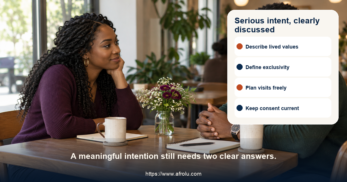 Two adults discuss serious dating intentions across a quiet table