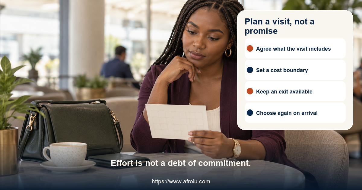 An adult considers a visit plan with an independent return option