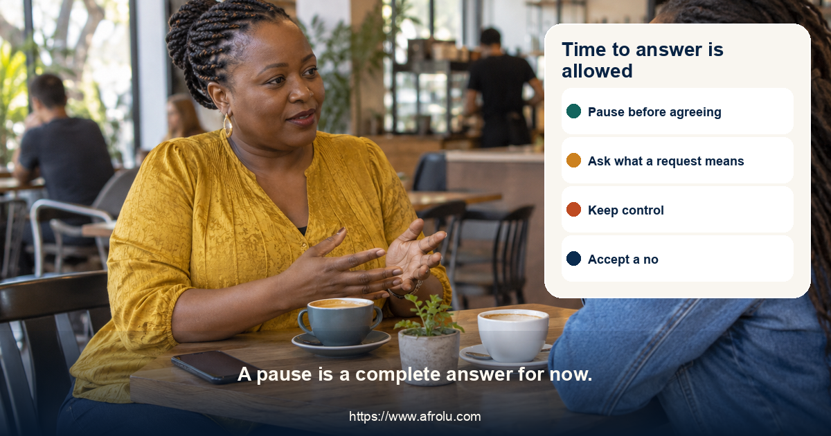 An adult calmly pauses before replying to a message at a cafe table