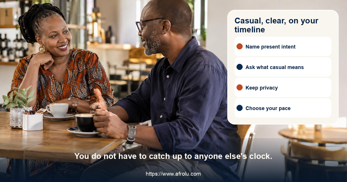 Two clearly adult Black African daters in their forties talk over coffee at an easy pace