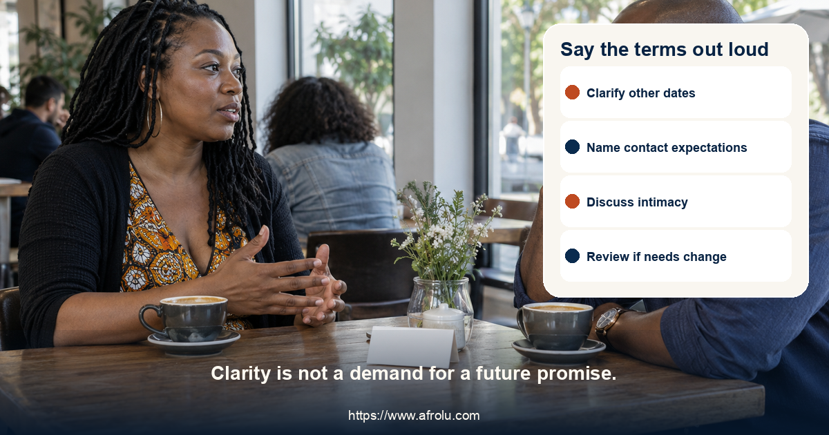 Two adults discuss casual dating expectations across a small cafe table