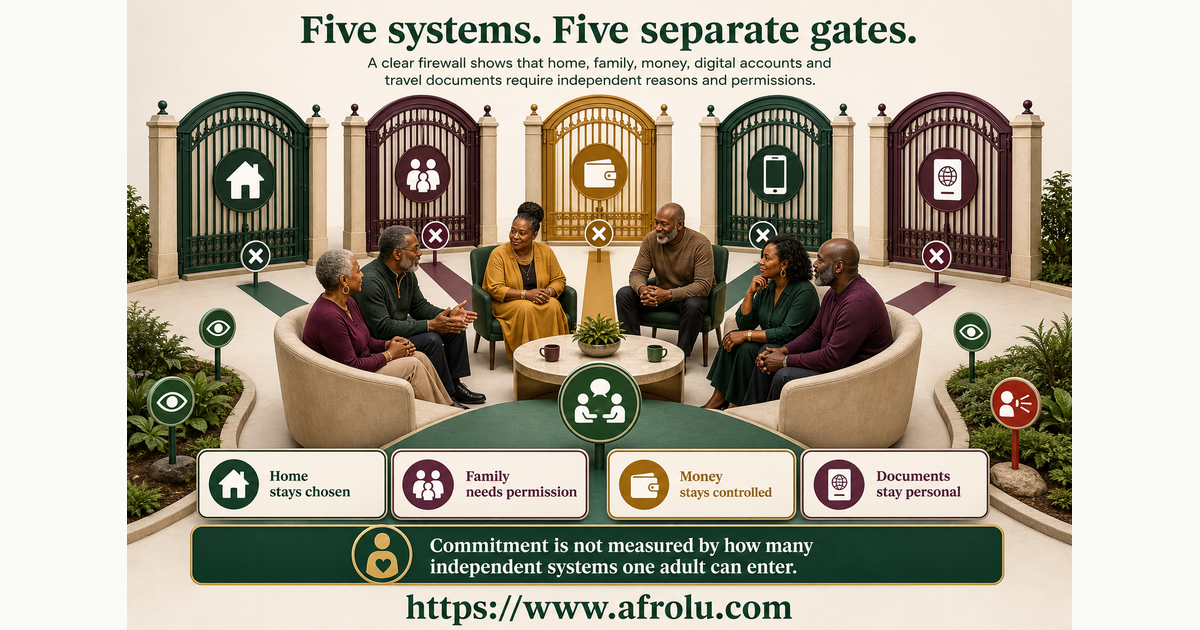 Five-system firewall separating home family money digital accounts and travel documents during later-life long-distance dating