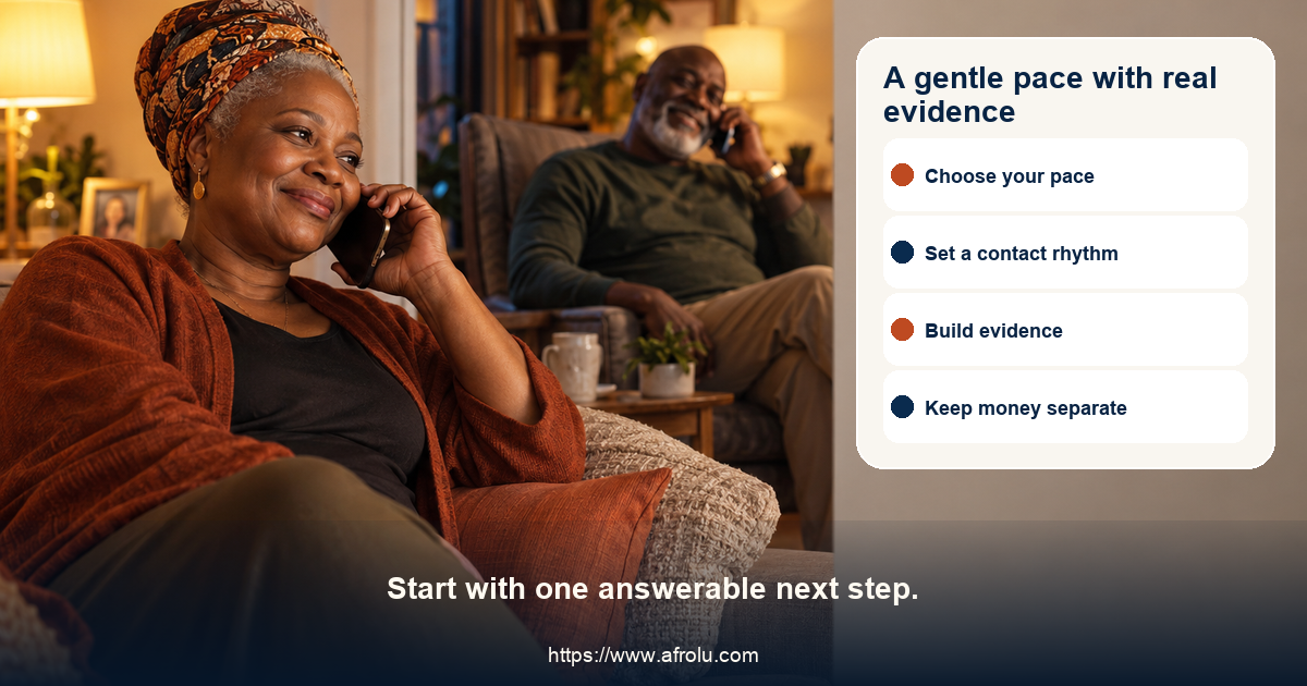 Two adult Black African daters have a calm scheduled video call