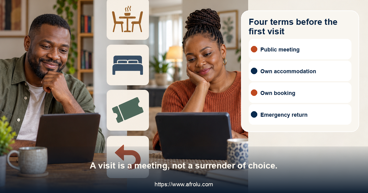 Two adults discuss an independent first-visit plan during a video call