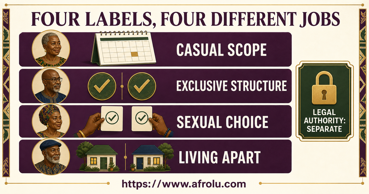 Comparison map separating casual scope, exclusivity, sexual choices and living arrangement in later-life dating