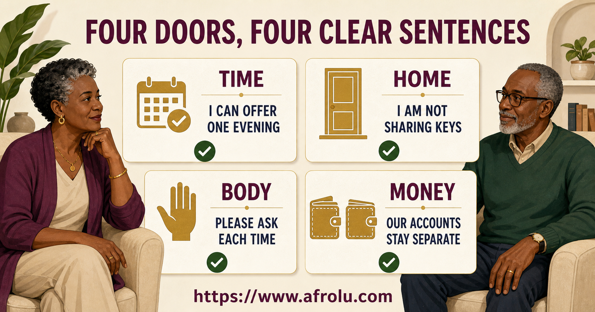Four large conversation scripts for later-life casual dating time, home, body and money boundaries
