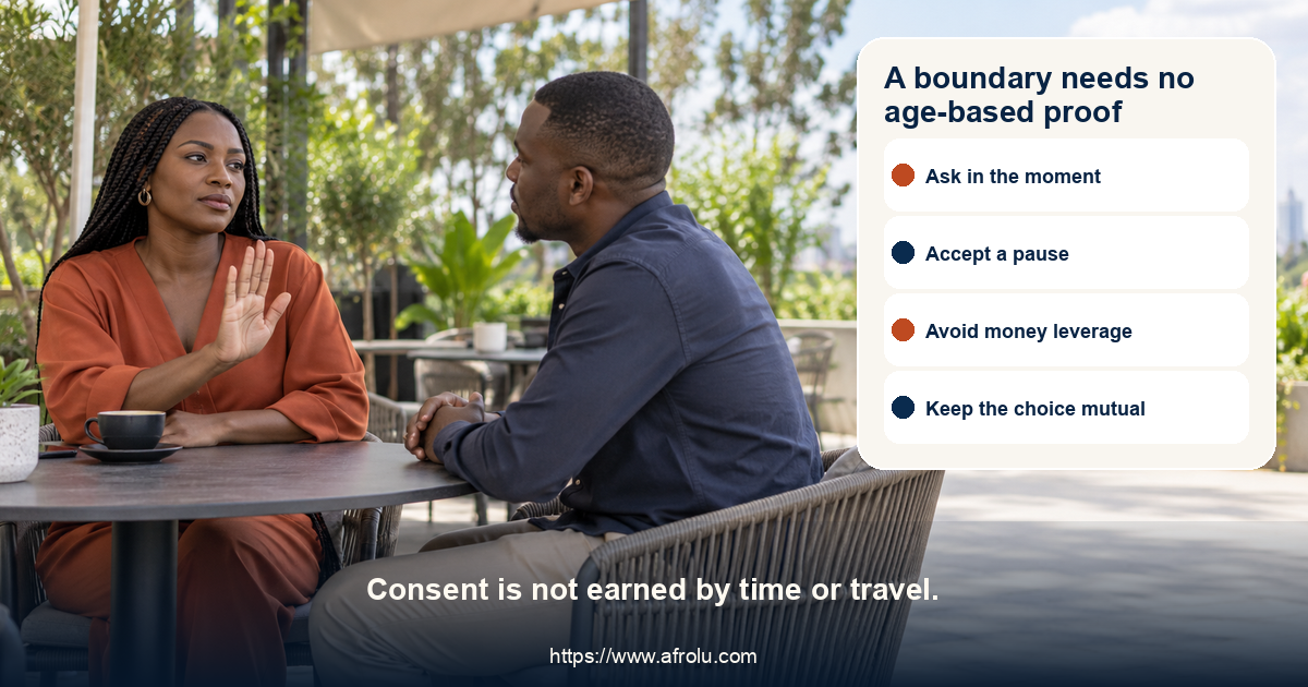 Two adult partners pause a conversation and listen to a stated boundary