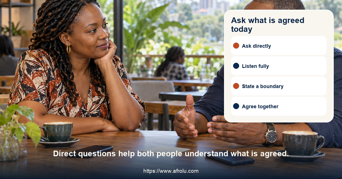 Two mature adult daters have a direct conversation in a public cafe