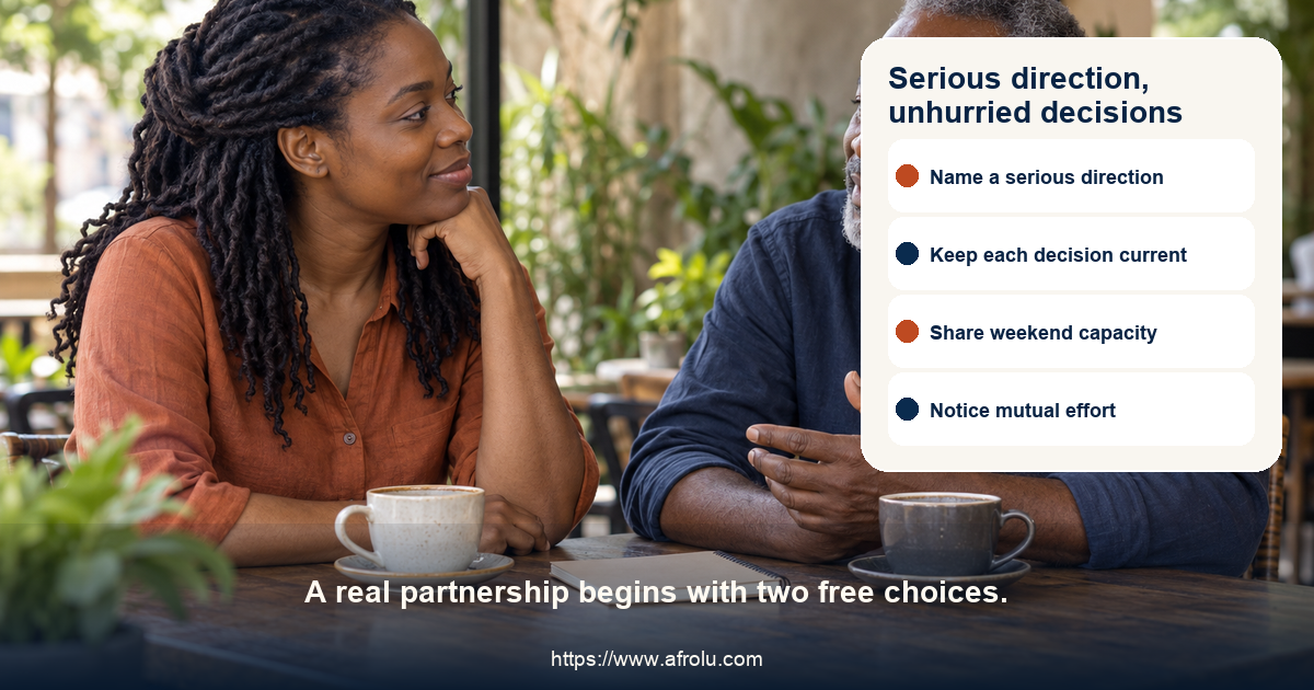 Two adult daters plan a relaxed Saturday coffee while discussing long-term intentions
