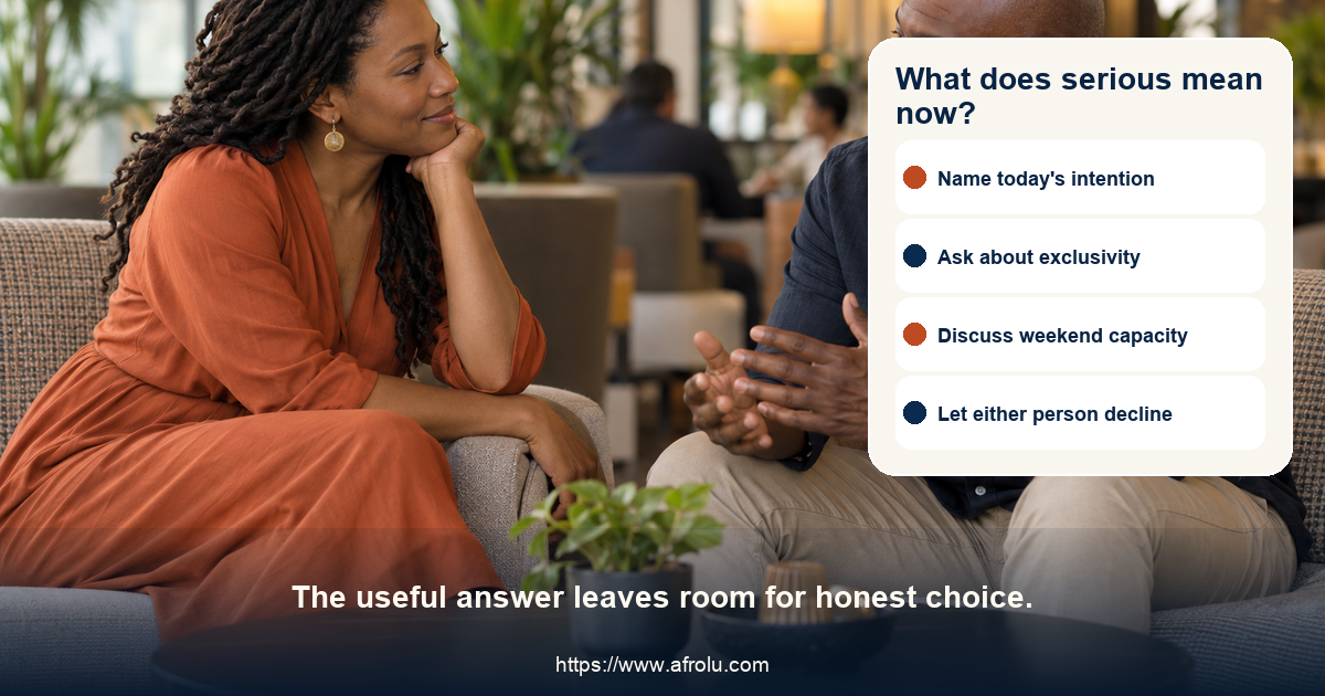 Two adult daters discuss what serious means across a small café table