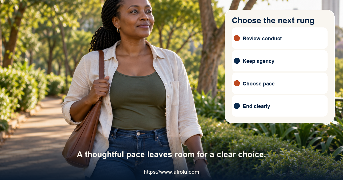 An adult Black Kenyan woman walks calmly through a public garden after a dating conversation