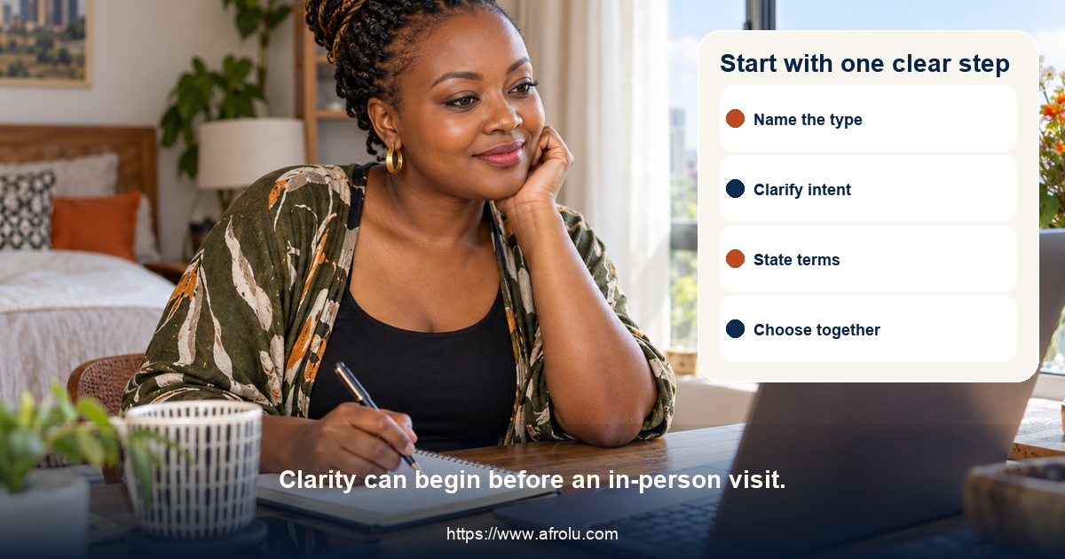 An adult Black Kenyan woman plans a first video conversation from home