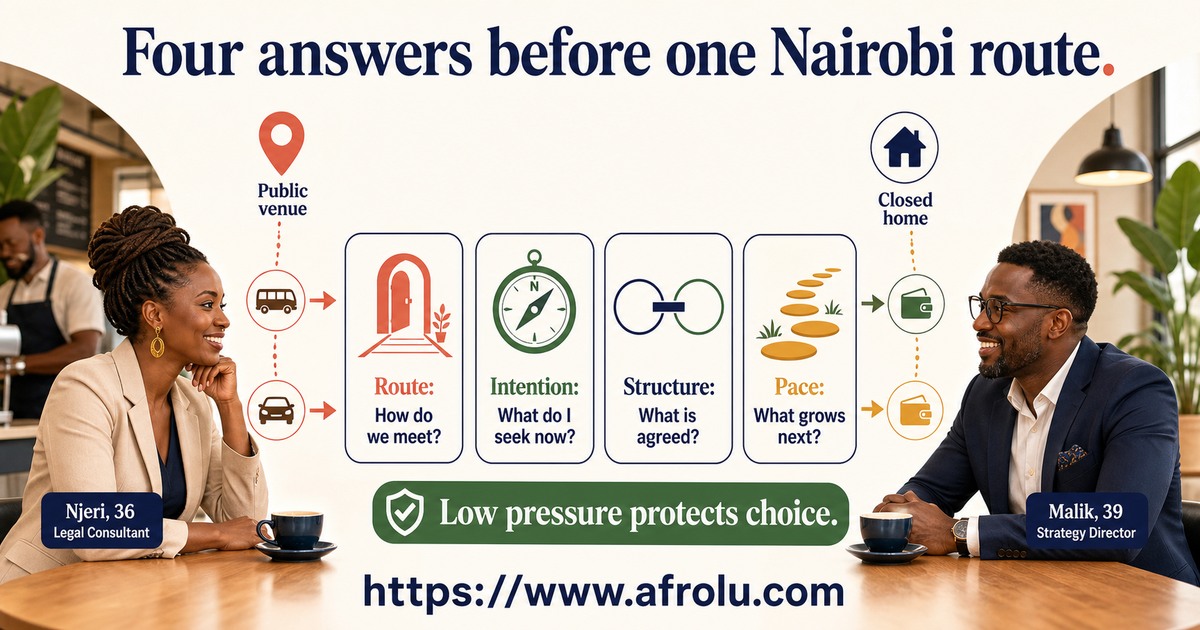 Njeri age 36 and Malik age 39 separating meeting route, intention, present structure and pace on a low-pressure Nairobi dating map
