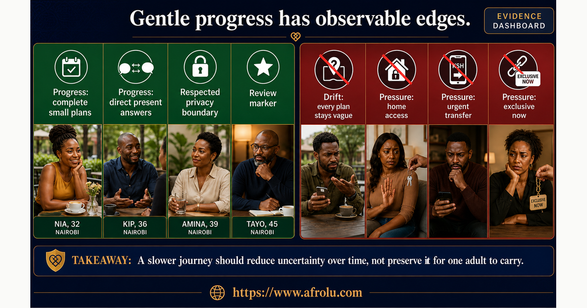 Nairobi dating re-entry dashboard contrasting modest progress with vague plans, disclosure pressure, money demands and instant exclusivity