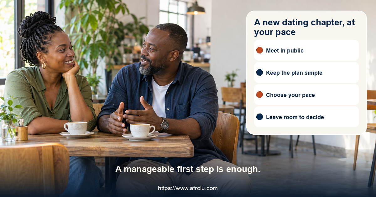 Two clearly adult Black African daters meet for coffee at a public cafe