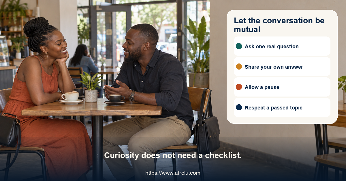 Two adult daters share a relaxed reciprocal conversation at a cafe