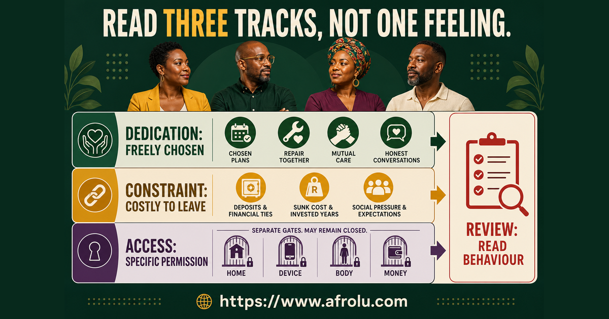 Three-track evidence board comparing freely chosen dedication practical constraints and requested access in a new relationship