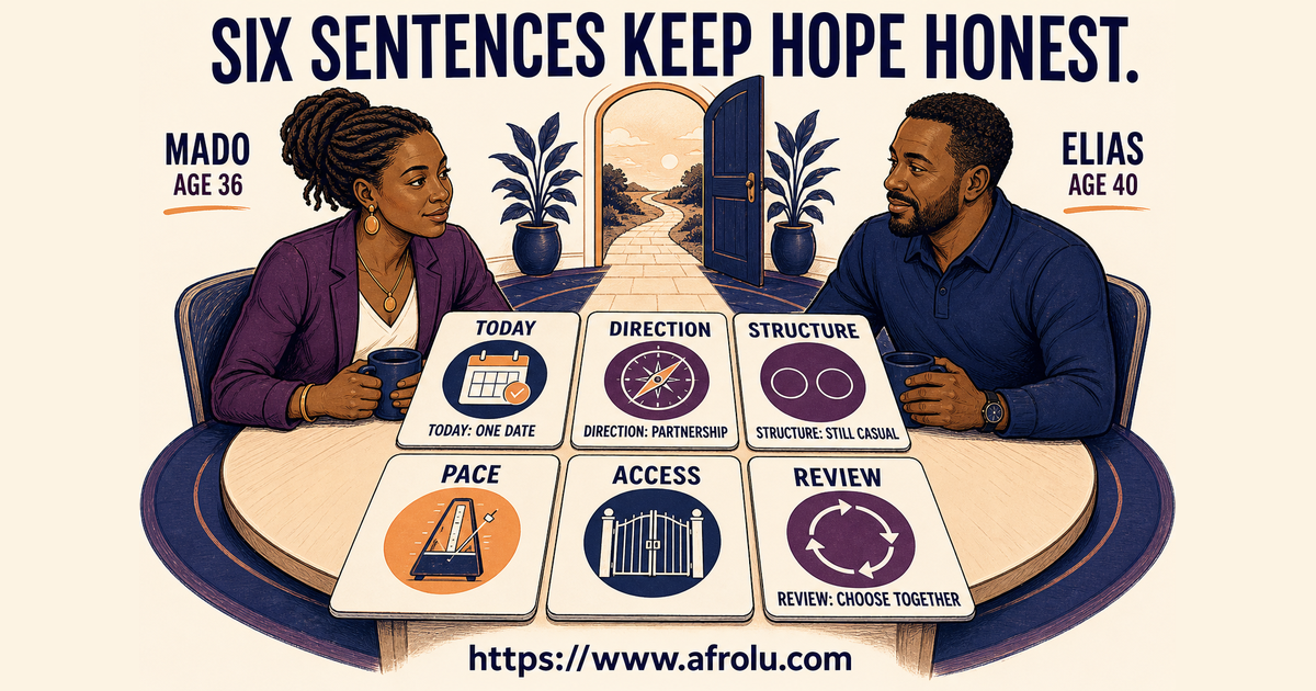 Six large sentence cards for format direction structure pace access and review during a serious-minded casual dating restart