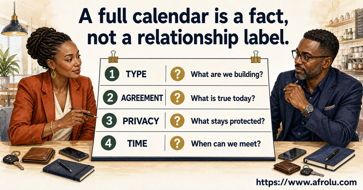 Amina age 38 and David age 41 separating dating type, agreement, family privacy and availability on a four-lane calendar
