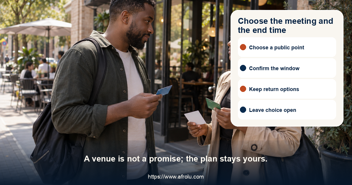 Two adults agree on a time-limited public date with separate transport options