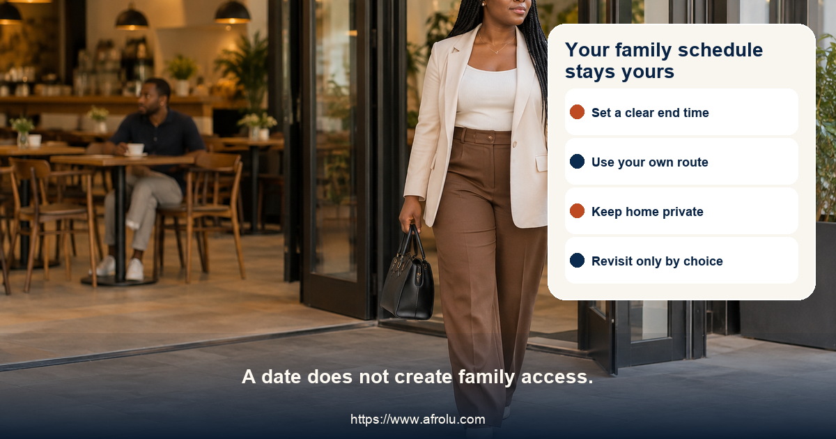 An adult parent closes a personal notebook before leaving a public date independently