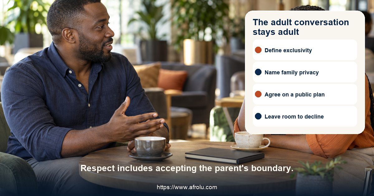 Two adults calmly discuss casual dating and family boundaries at a public table