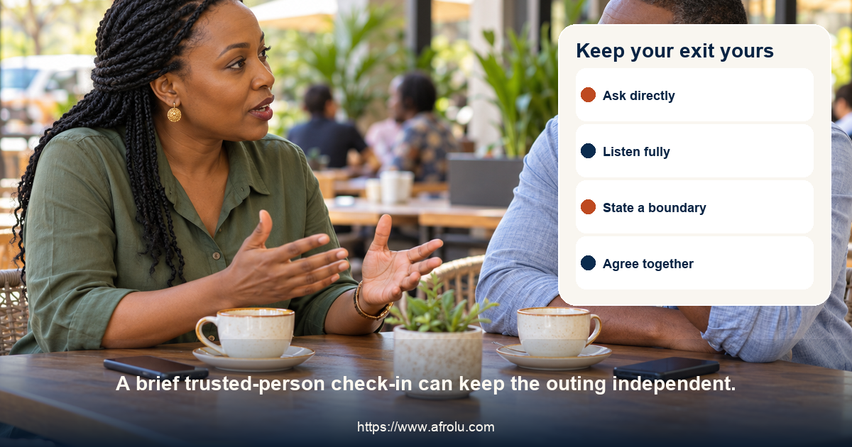 An adult Black Kenyan woman sends a check-in before a public date