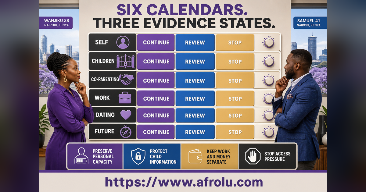 Eighteen continue review and stop signals across six calendars for Nairobi parents