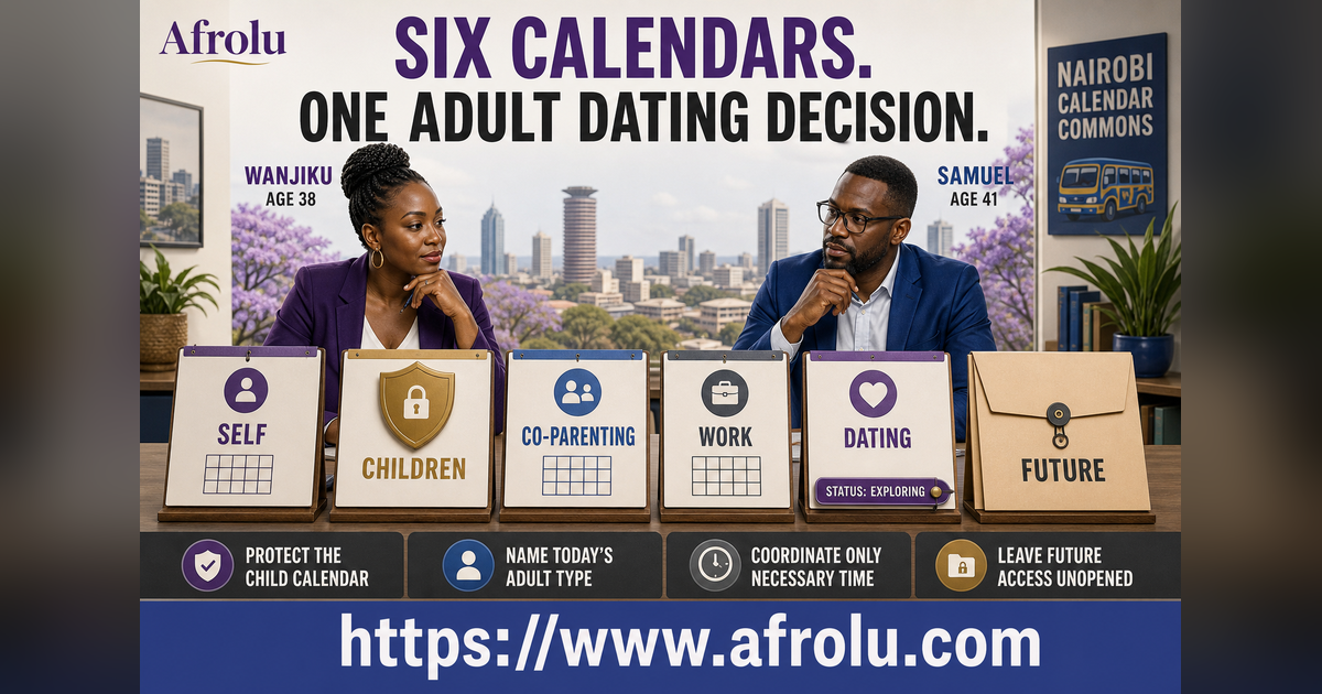 Wanjiku and Samuel comparing six protected calendars for serious parent dating in Nairobi