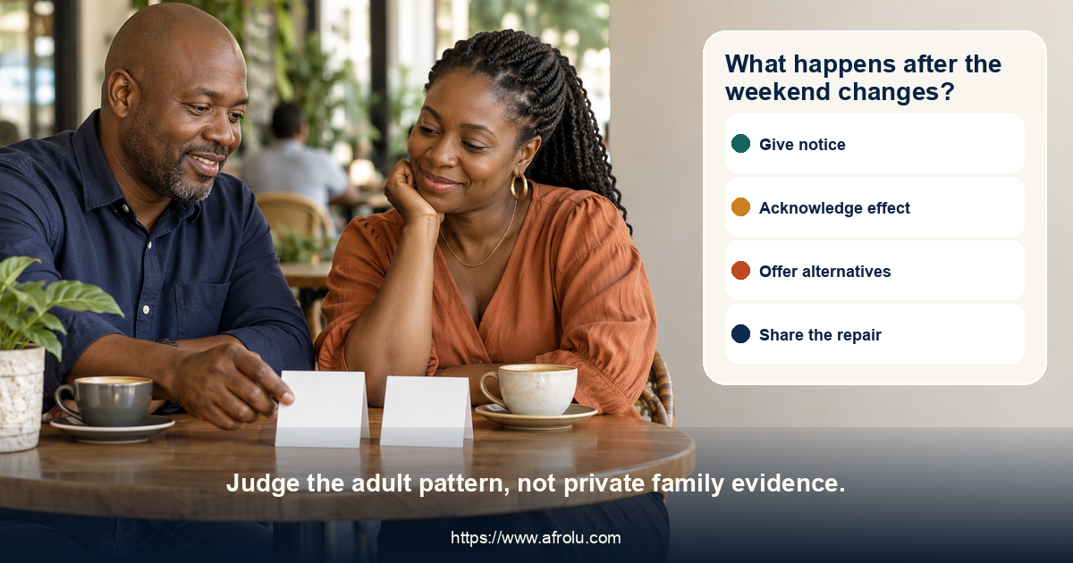 Two adults calmly reschedule a public weekend date