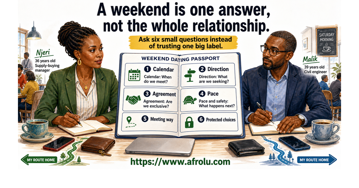 Njeri age 36 and Malik age 39 filling six clear answers into a professional weekend dating passport