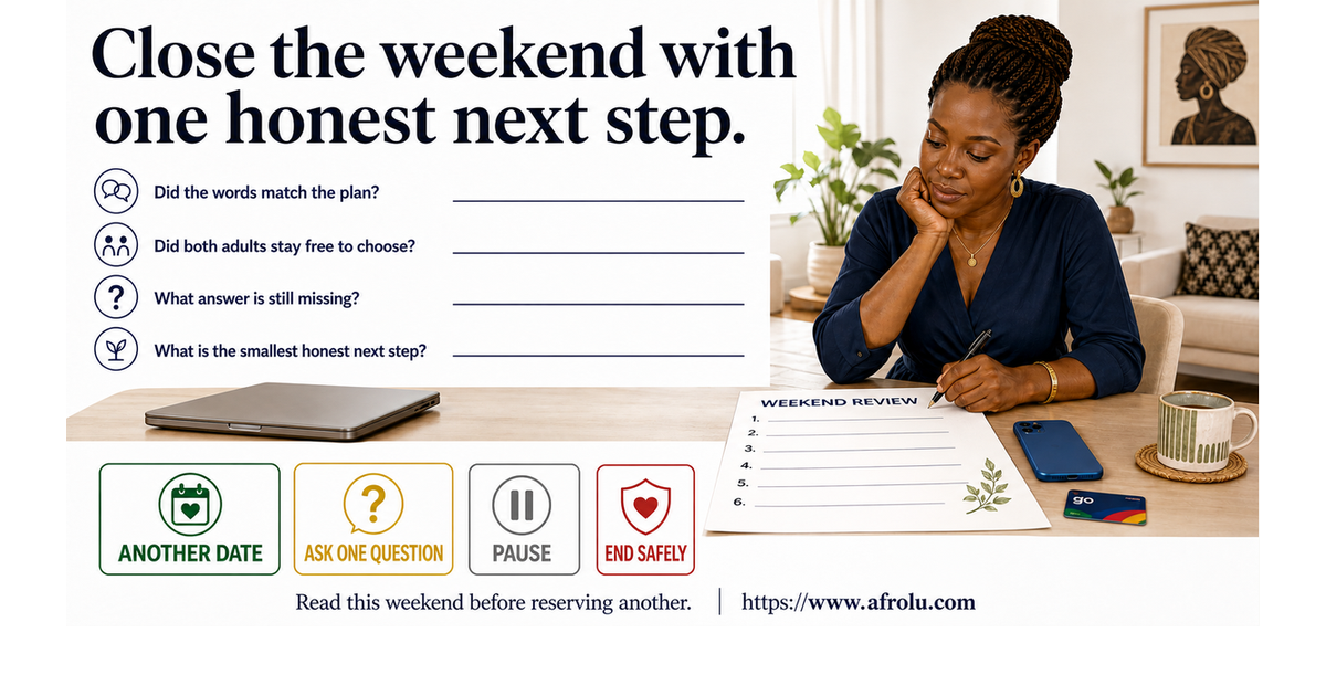 Adult professional age 35 completing a Sunday evening dating-type review with four next-step choices