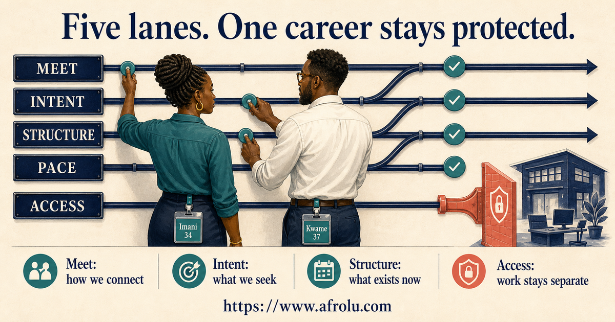 Imani age 34 and Kwame age 37 choosing five separate lanes for dating type, intention, structure, pace and career access