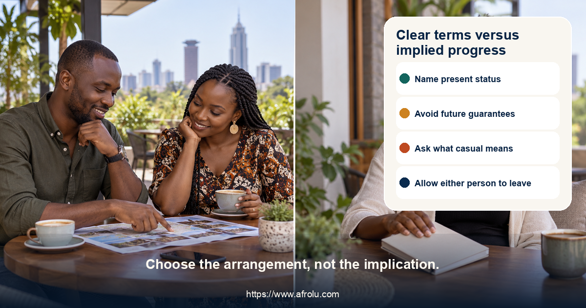 Balanced panels compare clear casual terms with an implied future promise