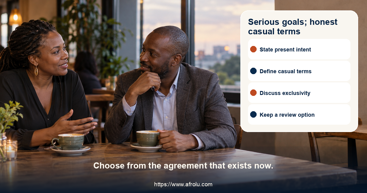 Two adult Black African professionals discuss what casual dating means at a cafe