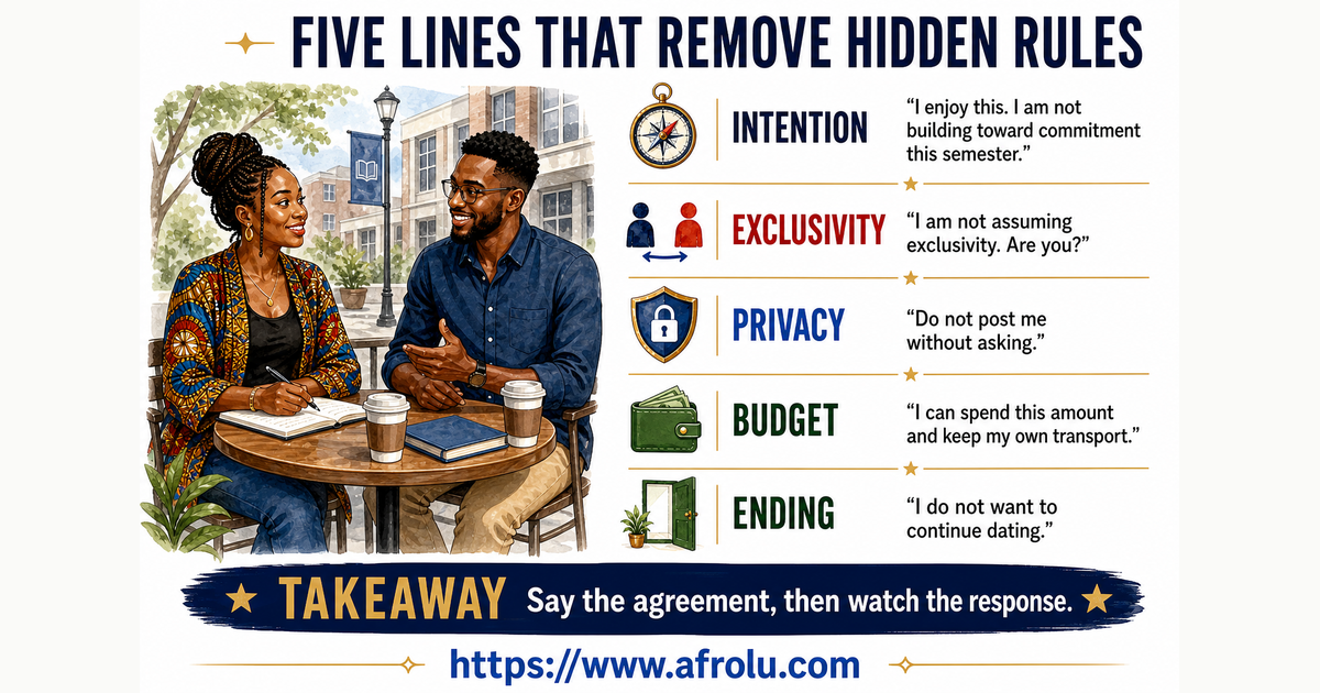 Amina and Joel use five calm scripts to discuss casual-dating intention, exclusivity, campus privacy, budget, and a direct ending.