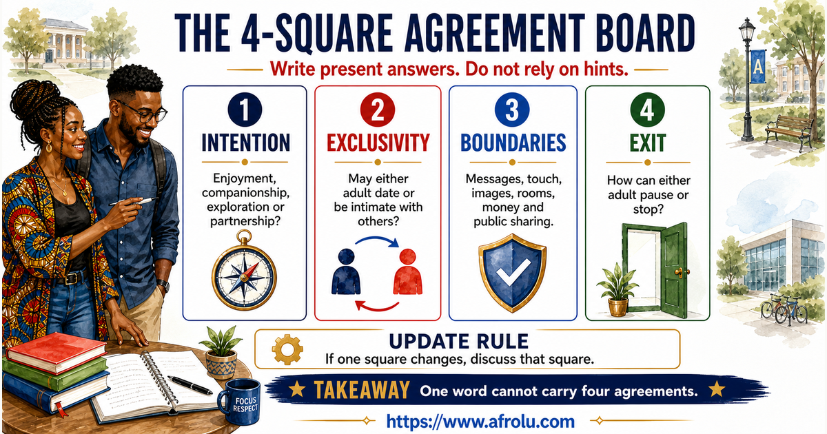 Amina and Joel review a four-square casual-dating agreement board covering intention, exclusivity, boundaries, and an exit that either adult may use.