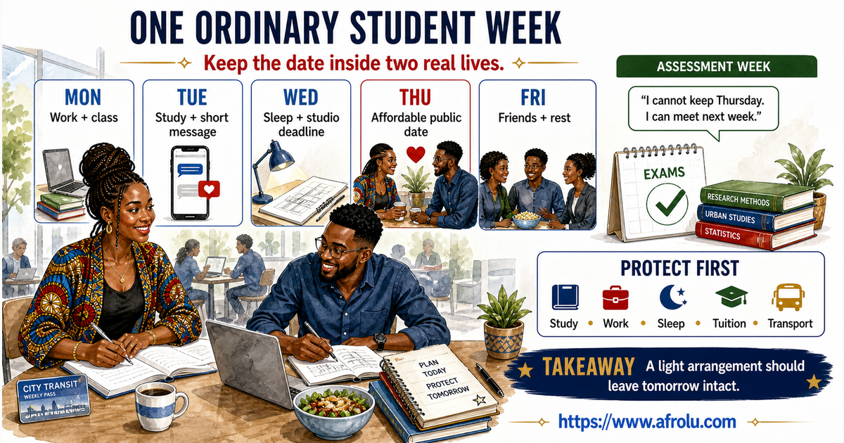 Amina and Joel place an affordable Thursday date inside an ordinary adult student week of work, classes, study, sleep, friends, and assessment changes.