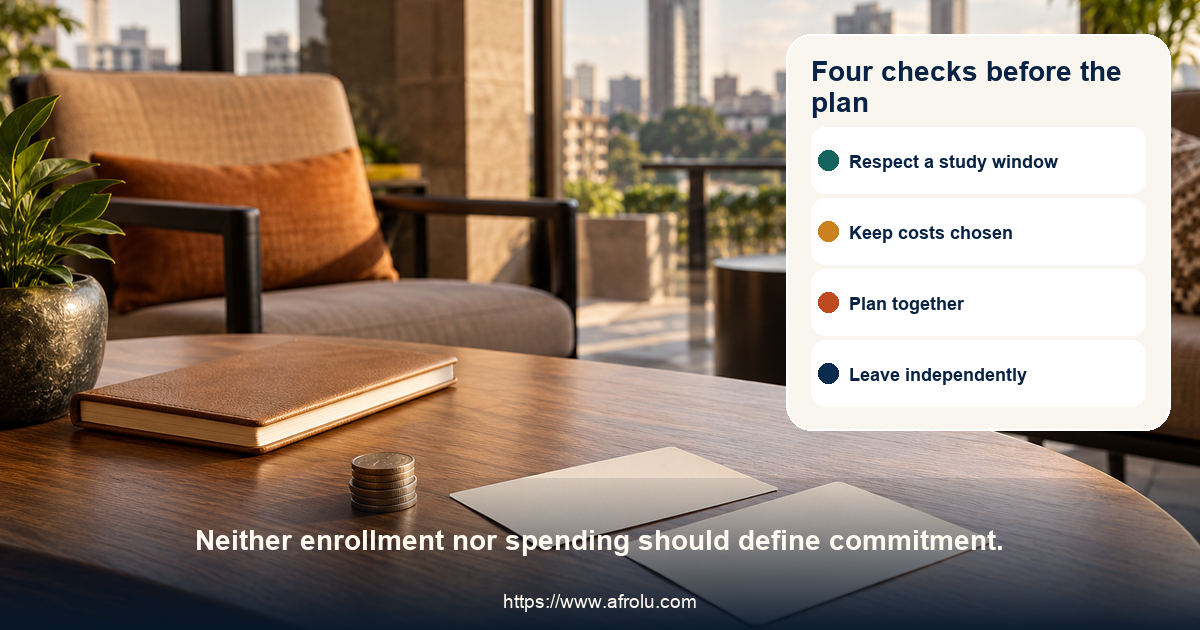 Separate coins, blank plan cards, a closed notebook, and two chairs show clear student dating choices