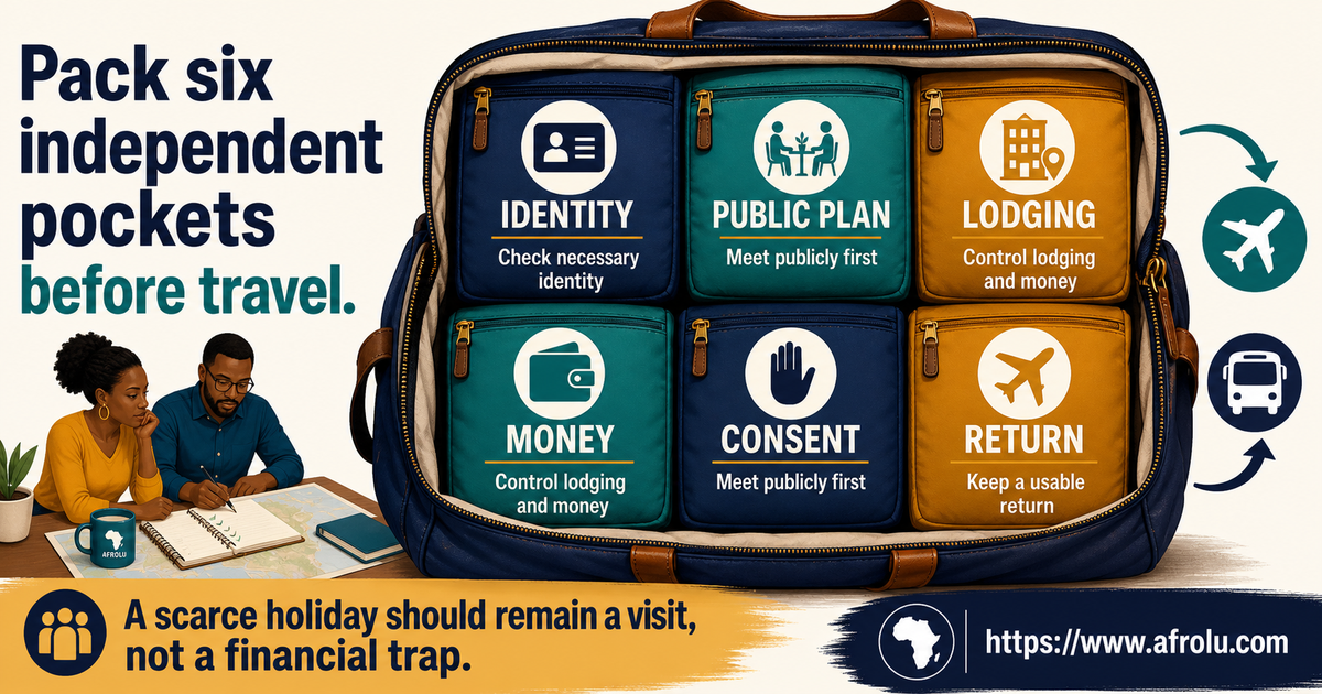 Six-pocket holiday visit check for adult students covering identity, public plan, lodging, money, consent and return