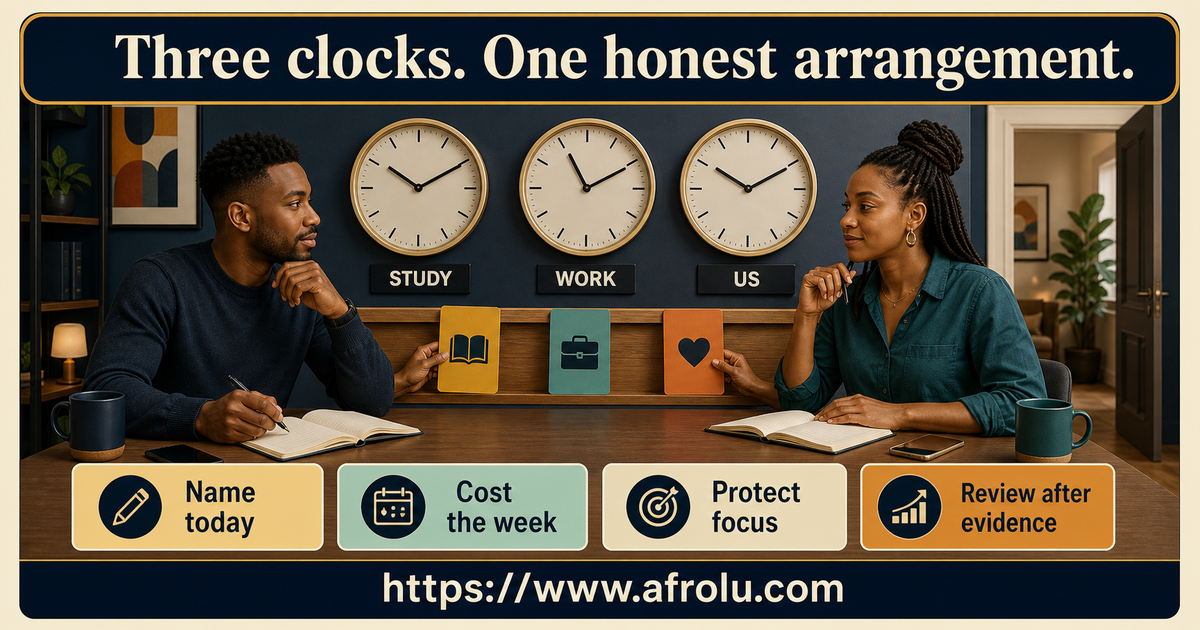 Fictional adult students Amari and Naledi using three large clocks to plan study work and serious dating