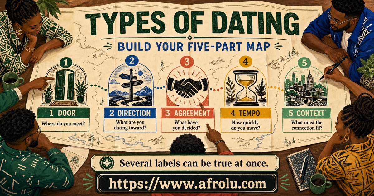 Illustrated five-part types of dating map covering meeting channel, direction, agreement, pace, and life context